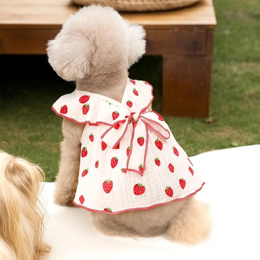 2 Pack Dog Dress Ruffled Strawberry Print for Small Dogs, Leash Ring