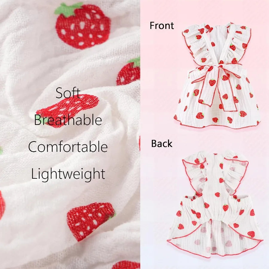 2 Pack Dog Dress Ruffled Strawberry Print for Small Dogs, Leash Ring