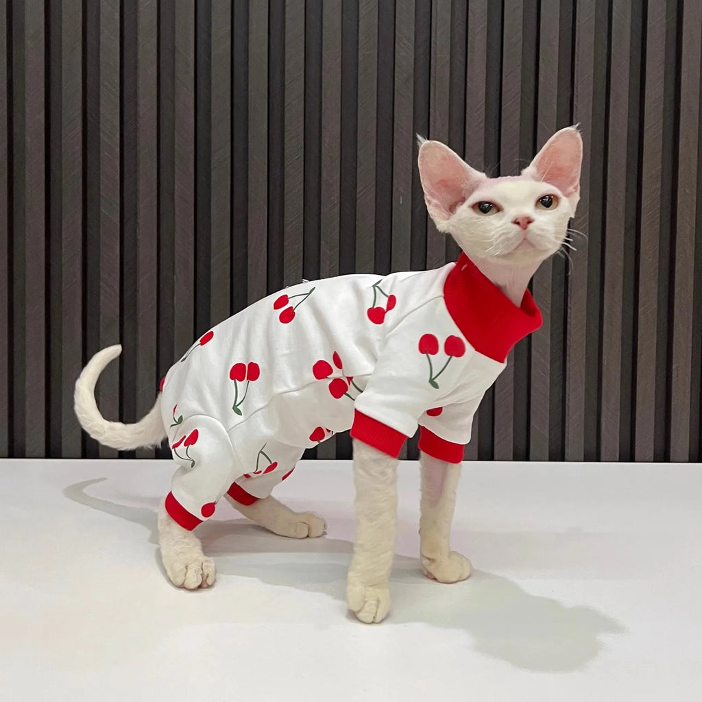 Cartoon Quadruple Cherry Print Hairless Cat Clothes