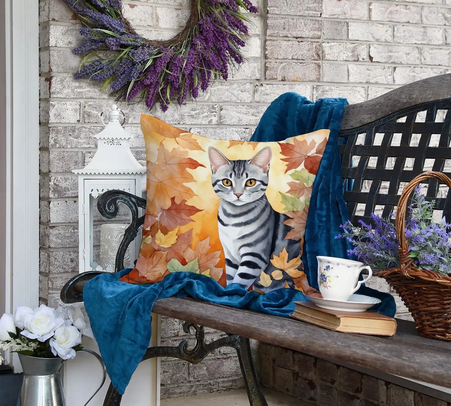 American Shorthair Cat in Fall Leaves
