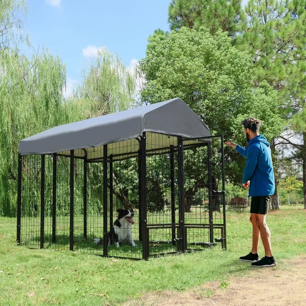 Outdoor Dog Kennel with Roof,  Metal Dog Enclosure