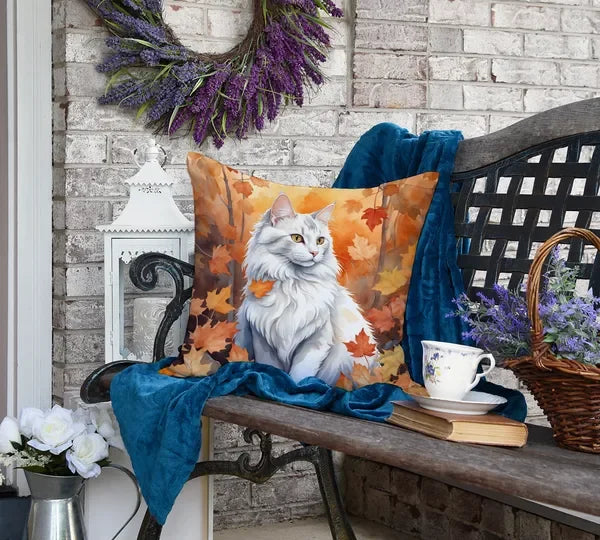 Turkish Angora Cat Fall Leaves Throw Pillow