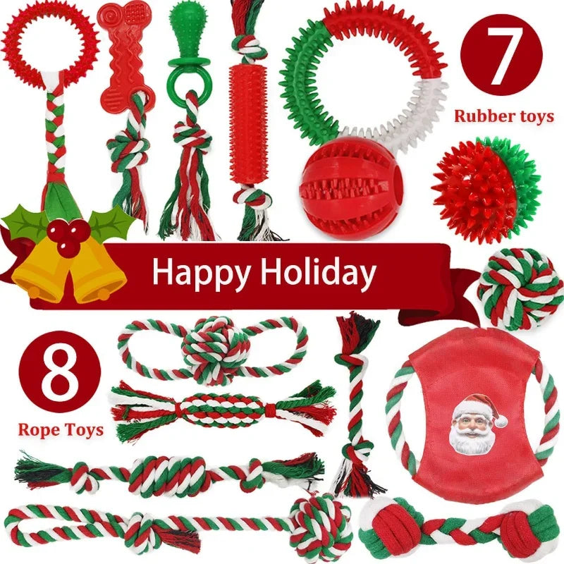 Christmas Dog Toys 15 Pack, Tough Rubber And Rope Toys
