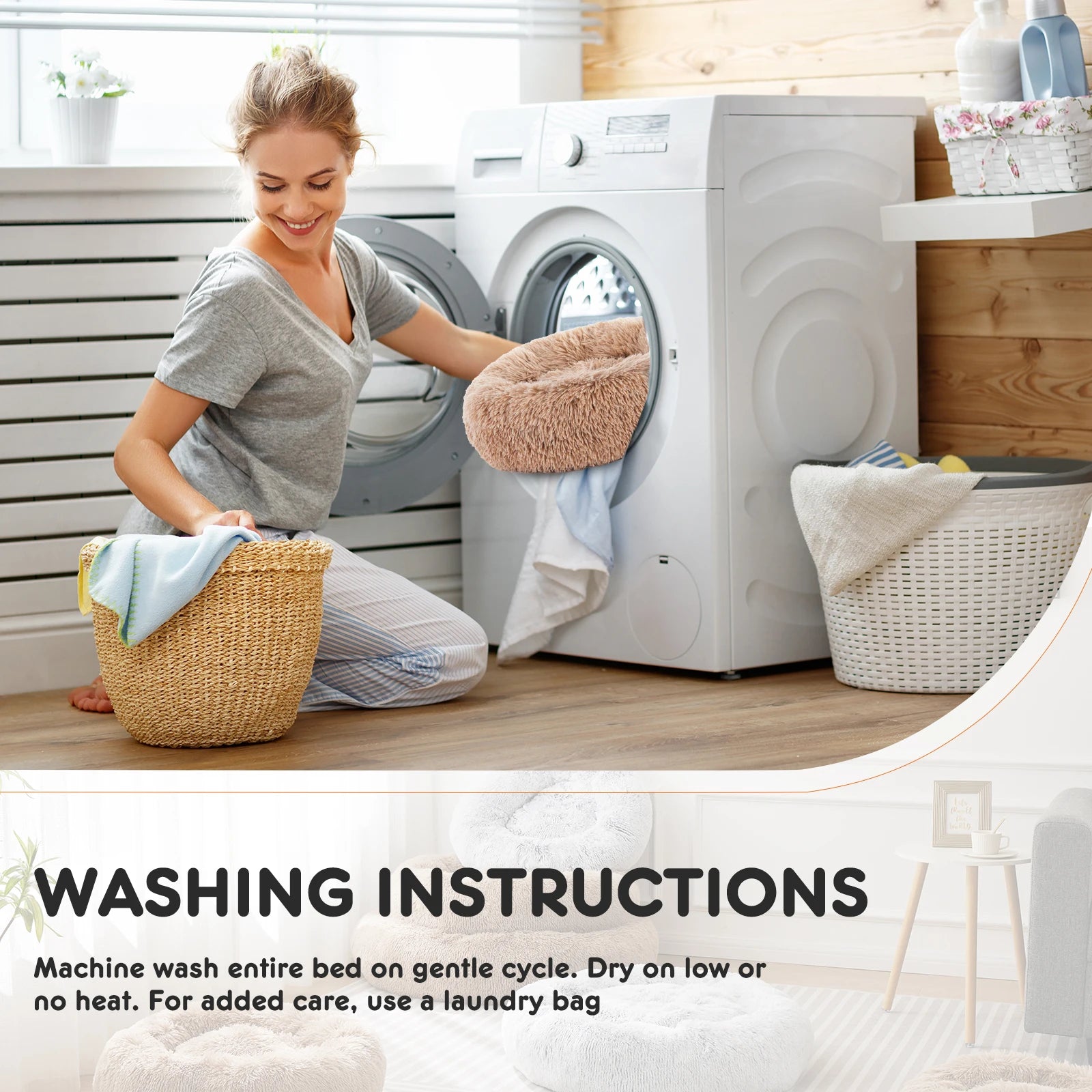 Fluffy Calming Dog/Cat Bed, Faux Fur, Washable, Anti-Slip