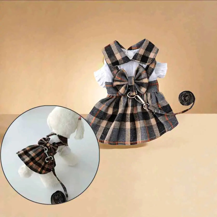 1pc Cute Dog Clothes, Plaid Dress w/Bowknot Back