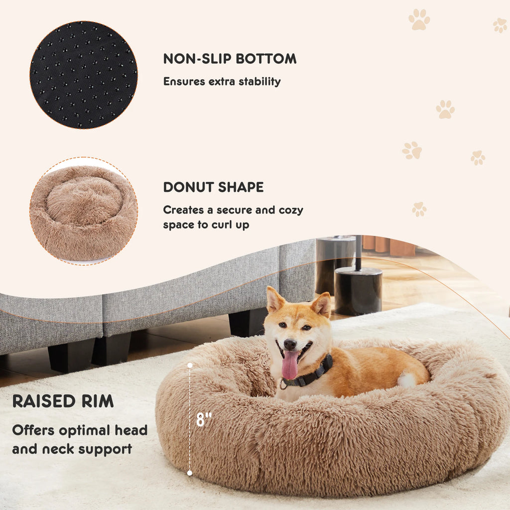 Fluffy Calming Dog/Cat Bed, Faux Fur, Washable, Anti-Slip