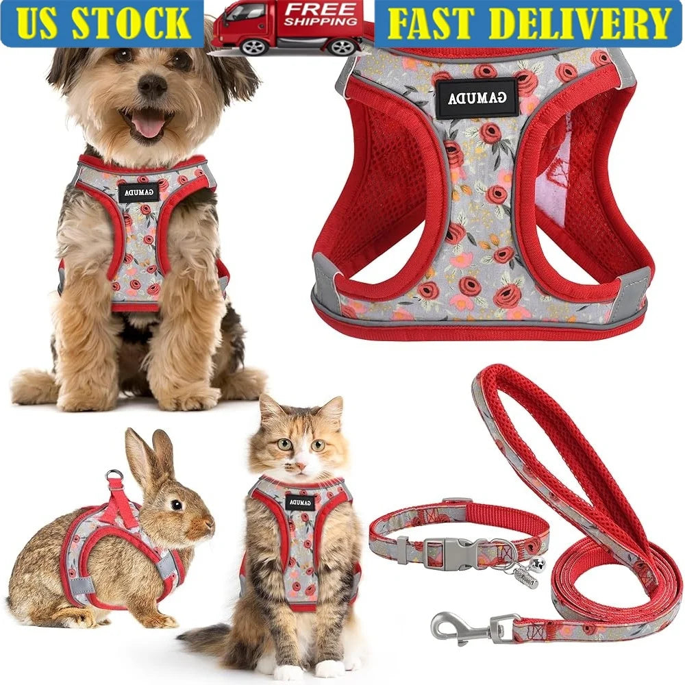 Adjustable Small Animals Harness Collar, Leash Set, Reflective Vest with ID Tag