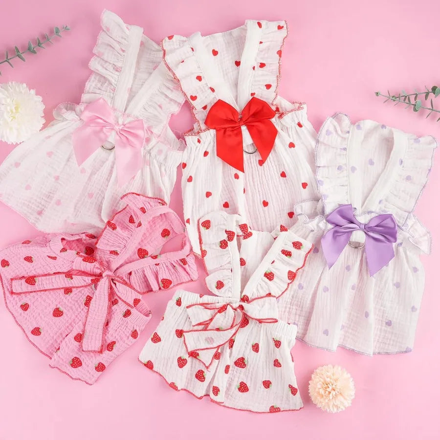 2 Pack Dog Dress Ruffled Strawberry Print for Small Dogs, Leash Ring