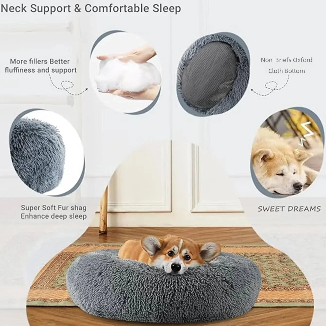 40-90cm 6 Sizes Round Plush Pet Bed