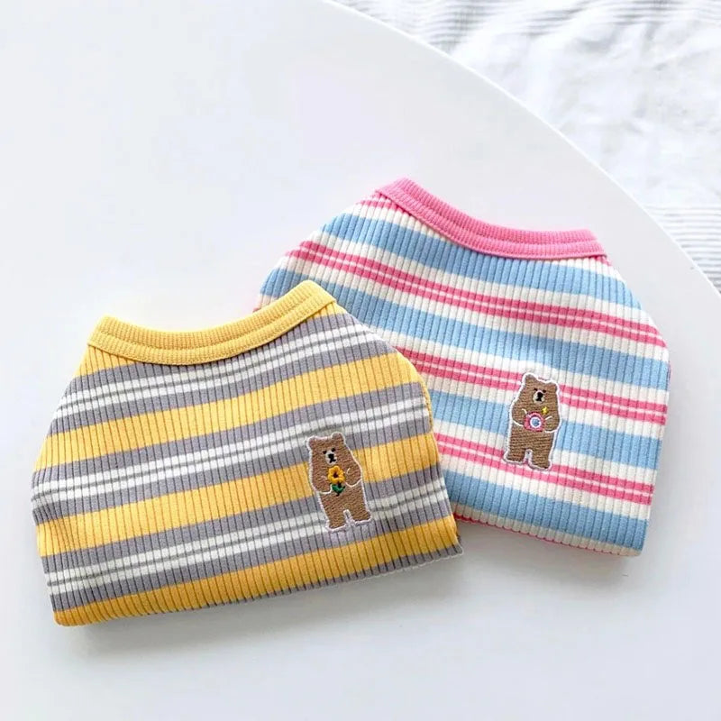 Summer Pet Clothes Bear Print Striped Shirts  Thin Vest Puppy Cat Soft Vest Fashion Pet Costume French Bulldog Clothes