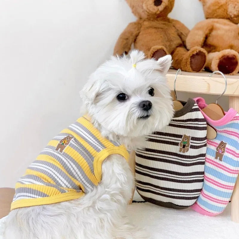 Summer Pet Clothes Bear Print Striped Shirts  Thin Vest Puppy Cat Soft Vest Fashion Pet Costume French Bulldog Clothes