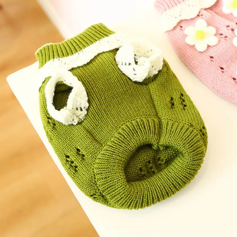 Cute Warm Dog Sweater with Knitted Blossoming Flowers