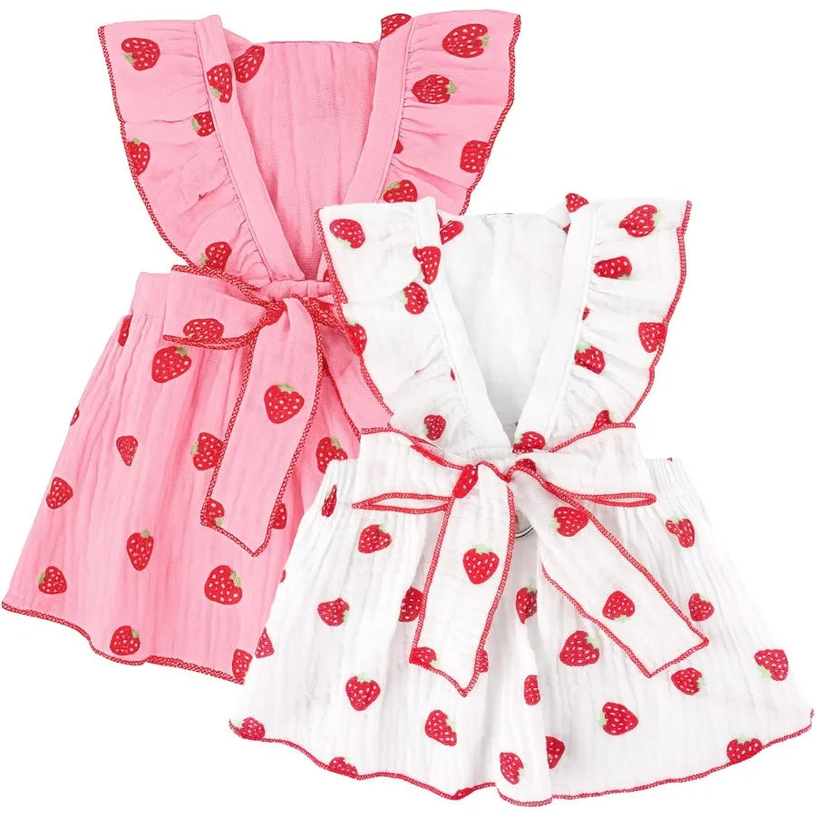 2 Pack Dog Dress Ruffled Strawberry Print for Small Dogs, Leash Ring