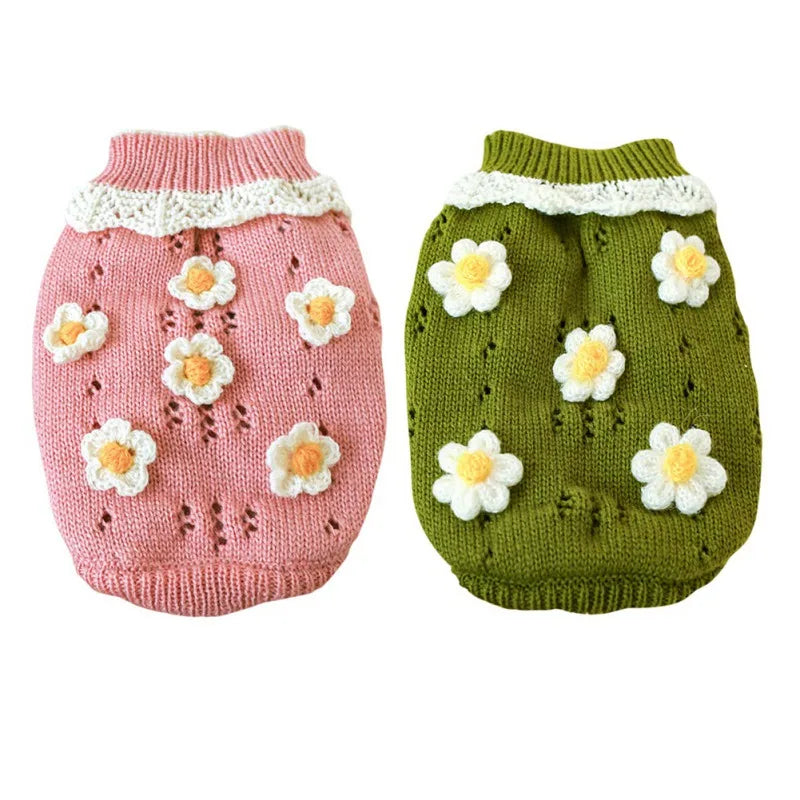 Cute Warm Dog Sweater with Knitted Blossoming Flowers