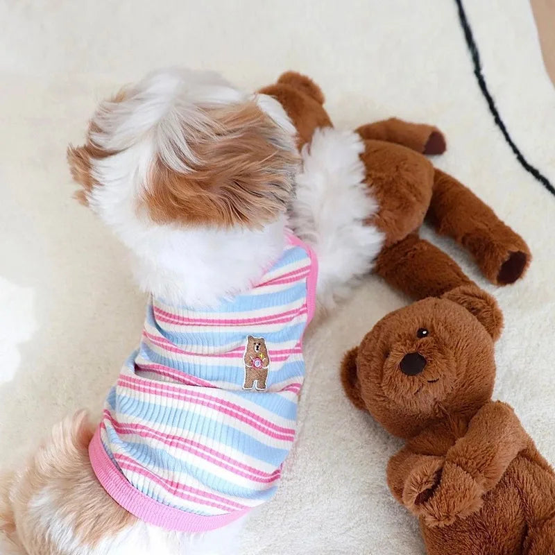 Summer Pet Clothes Bear Print Striped Shirts  Thin Vest Puppy Cat Soft Vest Fashion Pet Costume French Bulldog Clothes