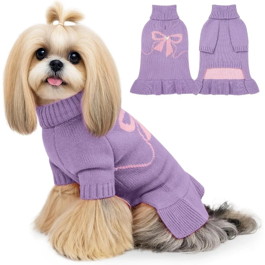 Winter Knitted Dog Sweater Dress for Small Puppies with Bow Pattern and Turtleneck in Purple Size S 59 lbs Designed for Chihuah
