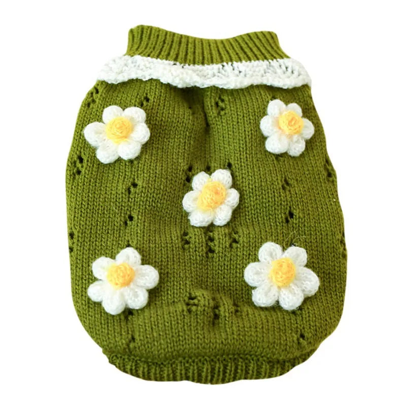 Cute Warm Dog Sweater with Knitted Blossoming Flowers