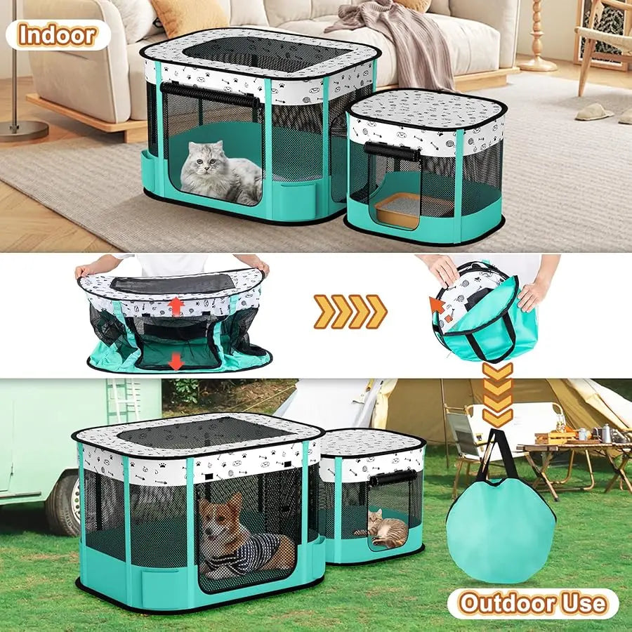 Portable Cat Playpen, 8-Rod Reinforced Kitten Dog Playpens, Foldable Play Pen for Indoor Cats Enclosed Pet Puppy Doggy Outdoor,