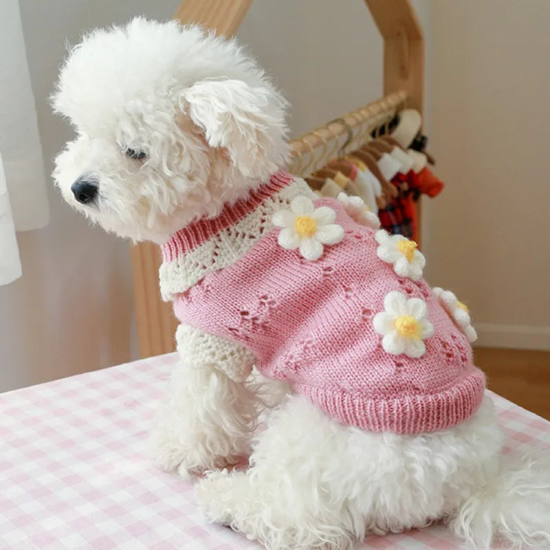 Cute Warm Dog Sweater with Knitted Blossoming Flowers