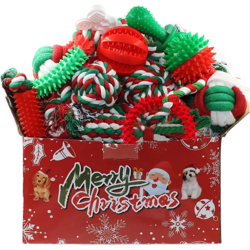 Christmas Dog Toys 15 Pack, Tough Rubber And Rope Toys