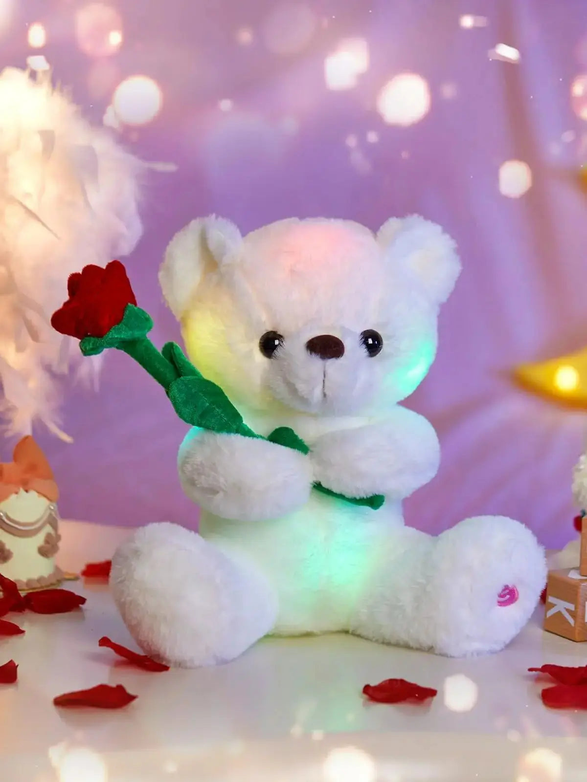 LED Glow White Teddy Bear with Rose