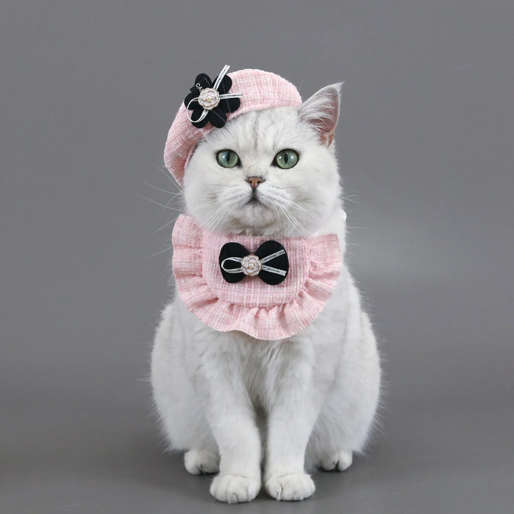 Quality Pet Hat Weaving Small Fragrant Flower Bud Hat Bow Lace Bib Pet Cat Dog Accessories Camellia Set Party Dressing Supplies