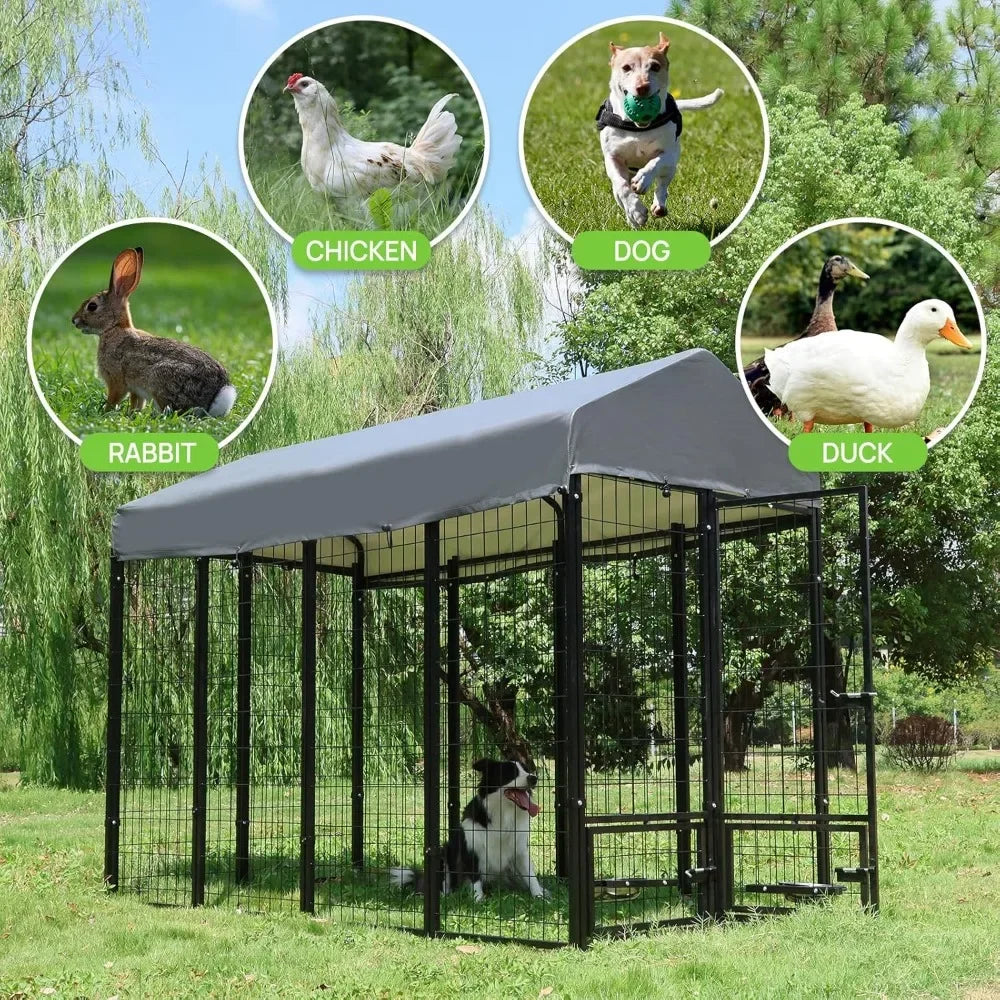 Outdoor Dog Kennel with Roof,  Metal Dog Enclosure