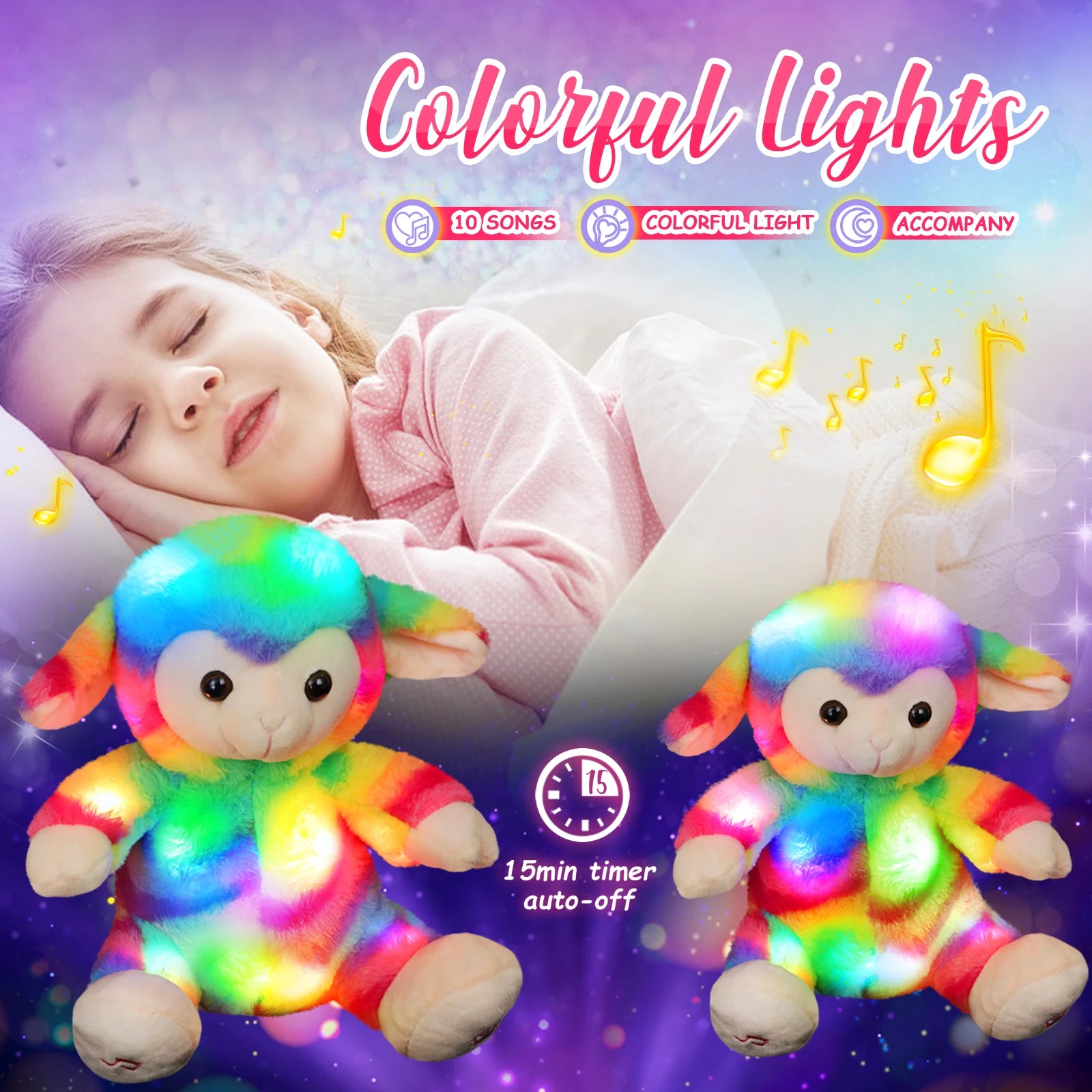 Musical Glowing Rainbow Stuffed Animal w/Colorful Lights