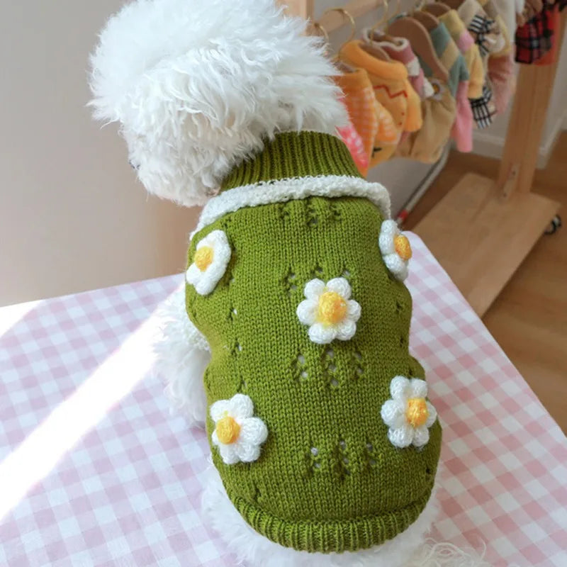 Cute Warm Dog Sweater with Knitted Blossoming Flowers