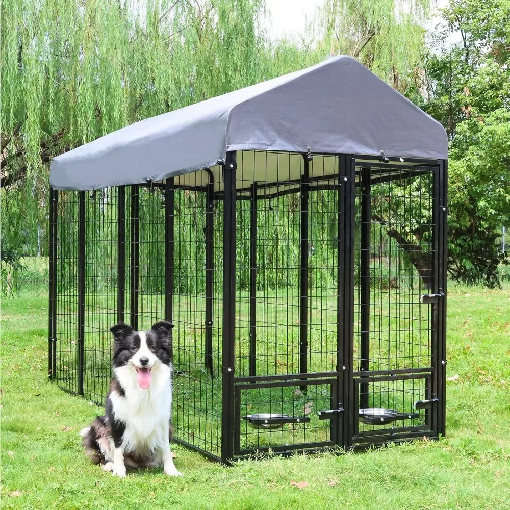 Outdoor Dog Kennel with Roof,  Metal Dog Enclosure
