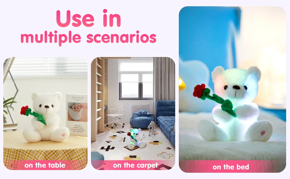 LED Glow White Teddy Bear with Rose