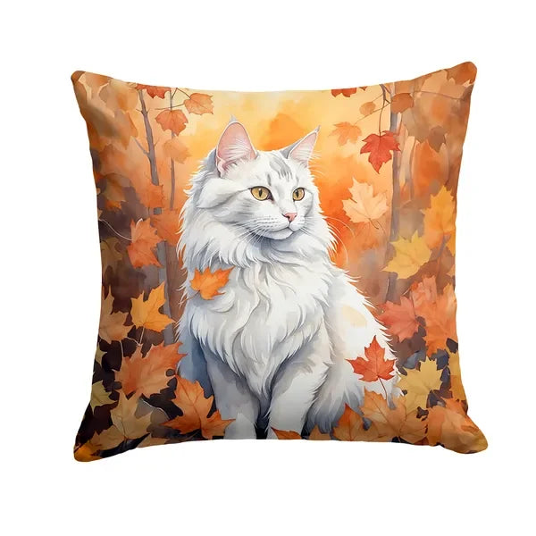Turkish Angora Cat Fall Leaves Throw Pillow