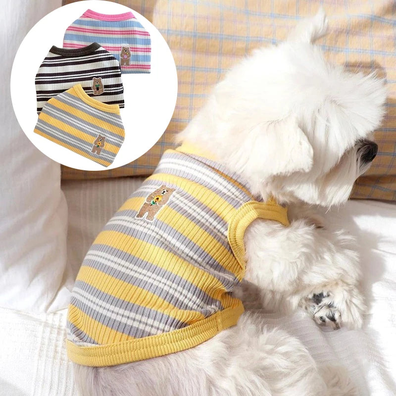 Summer Pet Clothes Bear Print Striped Shirts  Thin Vest Puppy Cat Soft Vest Fashion Pet Costume French Bulldog Clothes