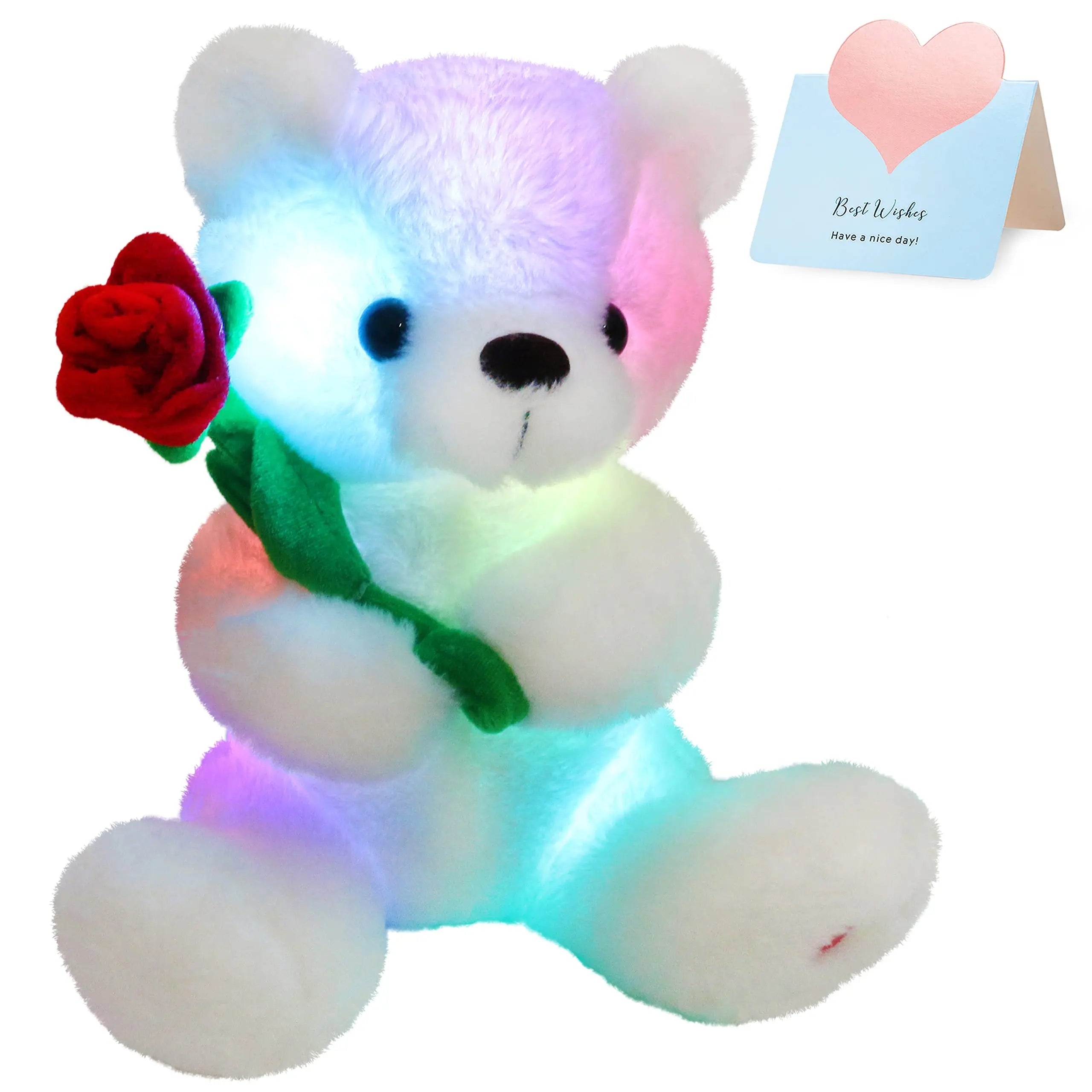 LED Glow White Teddy Bear with Rose