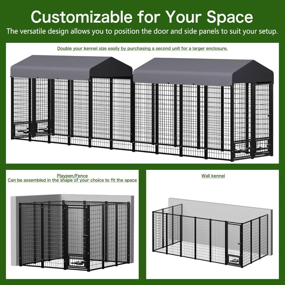 Outdoor Dog Kennel with Roof,  Metal Dog Enclosure