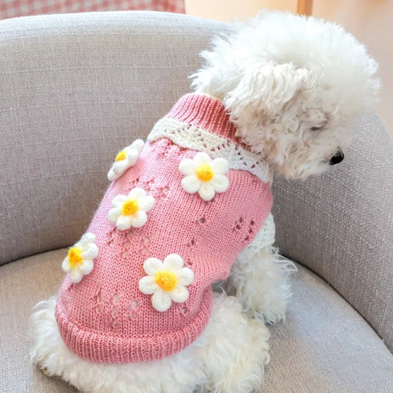 Cute Warm Dog Sweater with Knitted Blossoming Flowers