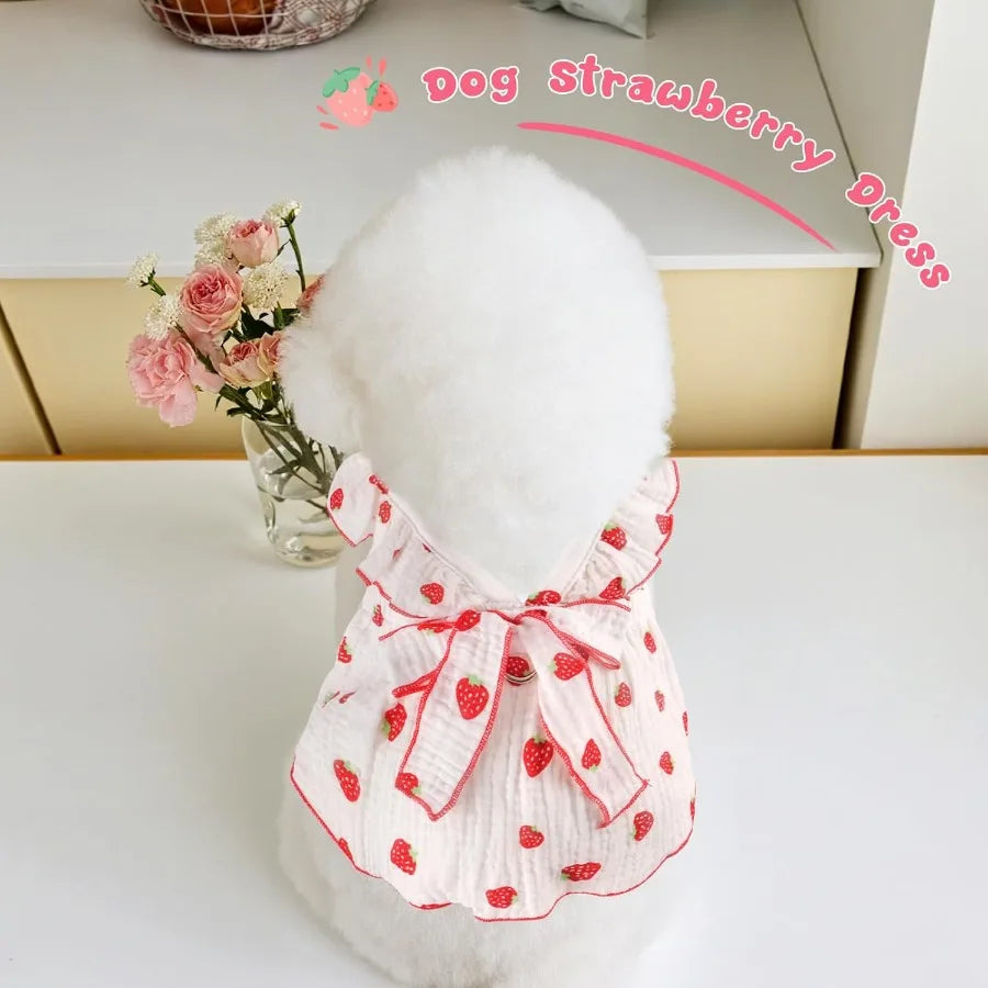 2 Pack Dog Dress Ruffled Strawberry Print for Small Dogs, Leash Ring