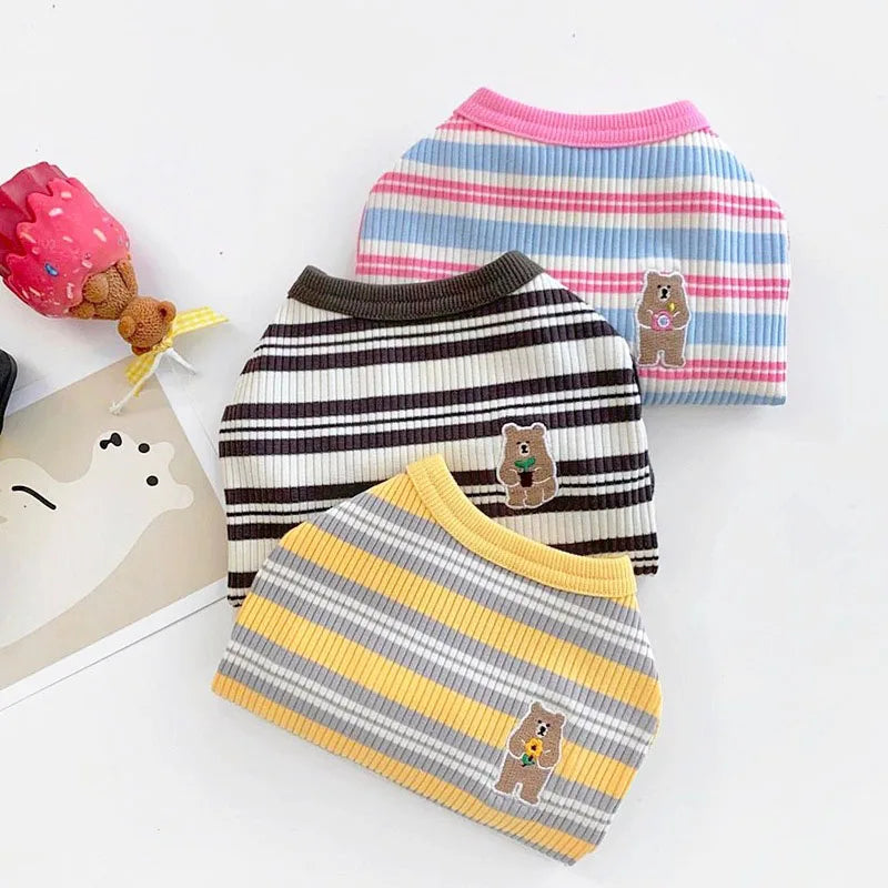Summer Pet Clothes Bear Print Striped Shirts  Thin Vest Puppy Cat Soft Vest Fashion Pet Costume French Bulldog Clothes