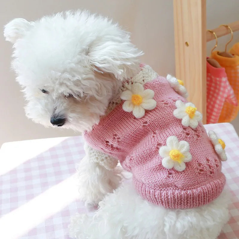 Cute Warm Dog Sweater with Knitted Blossoming Flowers