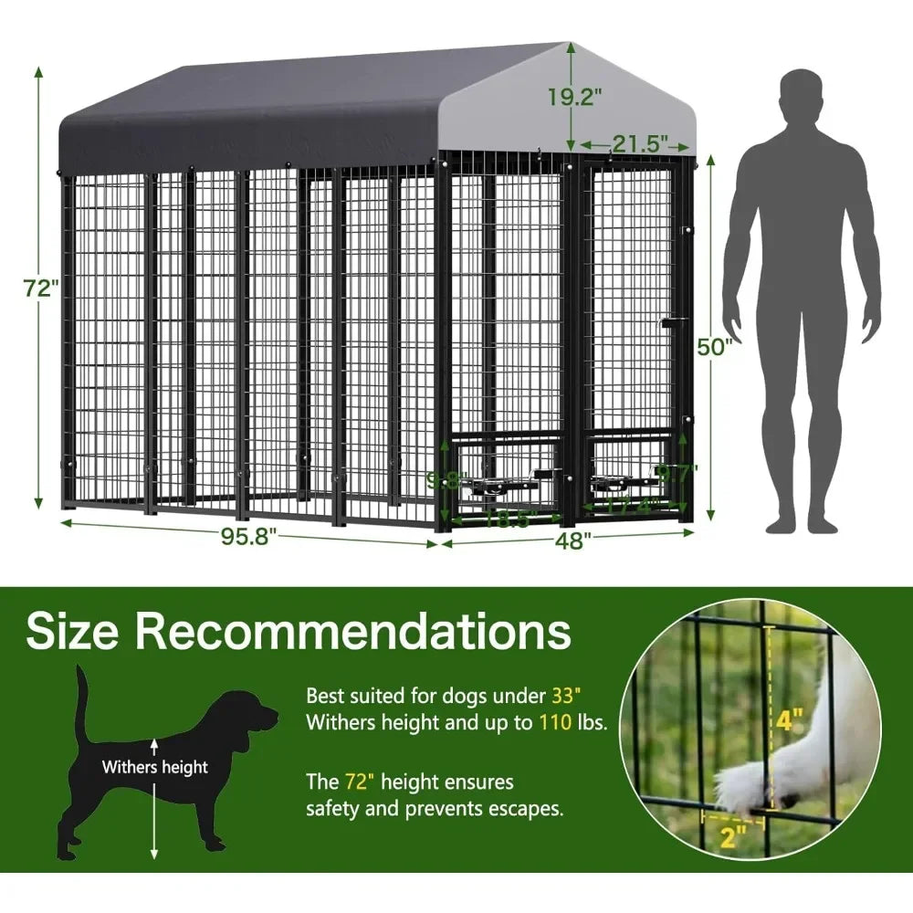 Outdoor Dog Kennel with Roof,  Metal Dog Enclosure