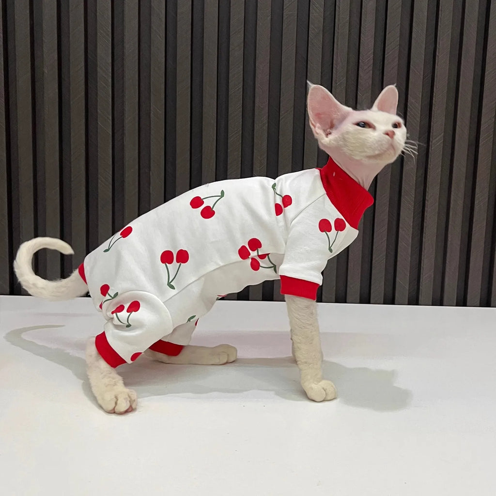 Cartoon Quadruple Cherry Print Hairless Cat Clothes