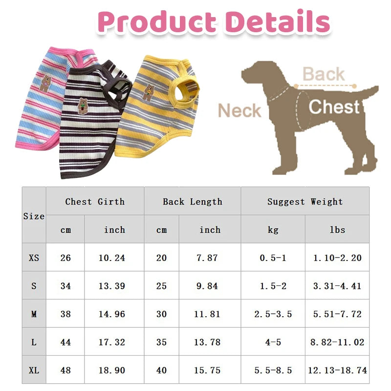 Summer Pet Clothes Bear Print Striped Shirts  Thin Vest Puppy Cat Soft Vest Fashion Pet Costume French Bulldog Clothes