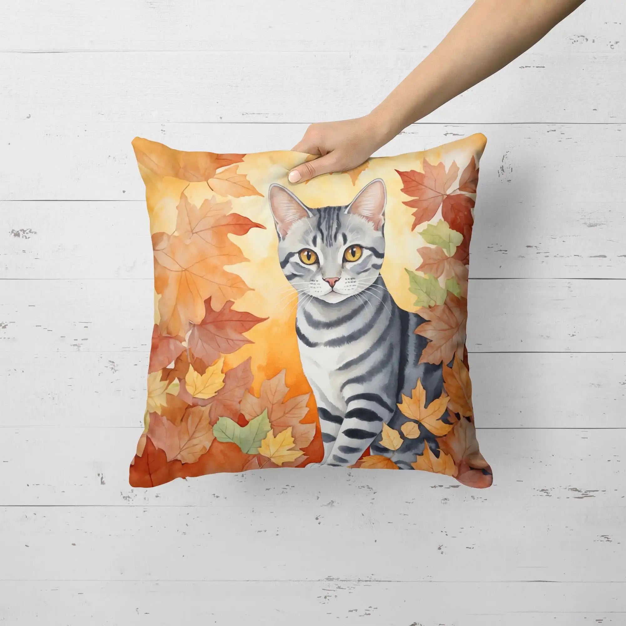 American Shorthair Cat in Fall Leaves