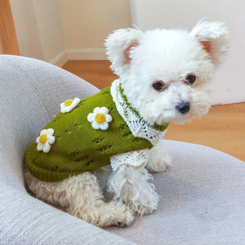 Cute Warm Dog Sweater with Knitted Blossoming Flowers