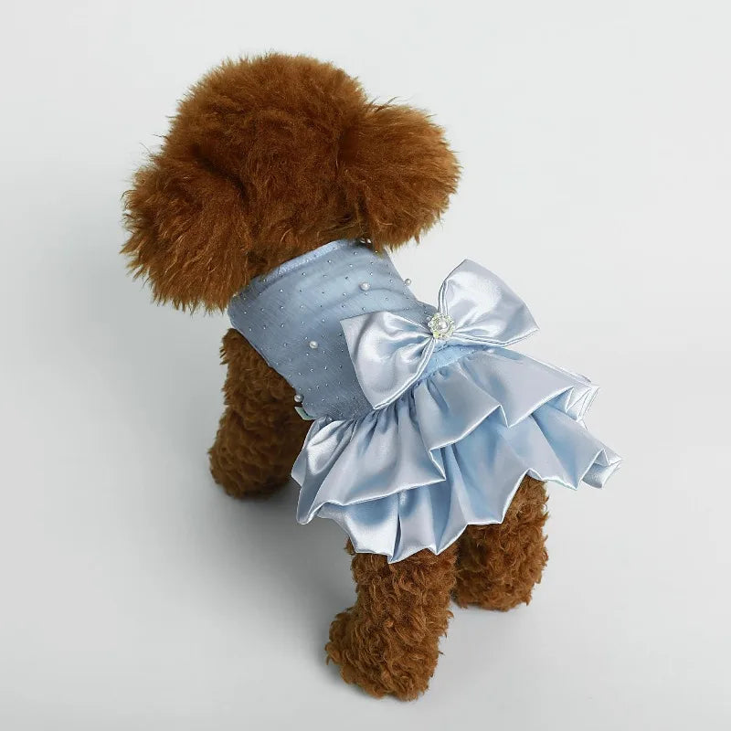 Dog/ Cat Blue Bow Wedding Dress        Pet Dress Dog Cat Hair Loss Prevention Spring/Summer Princess Puppy Pearl Maltese Bear Dress