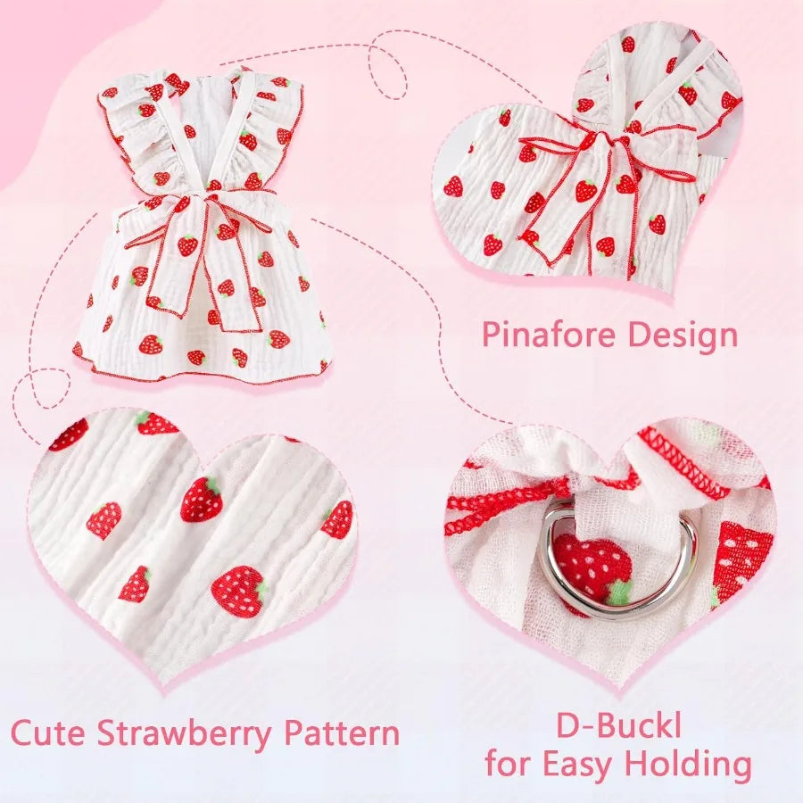 2 Pack Dog Dress Ruffled Strawberry Print for Small Dogs, Leash Ring