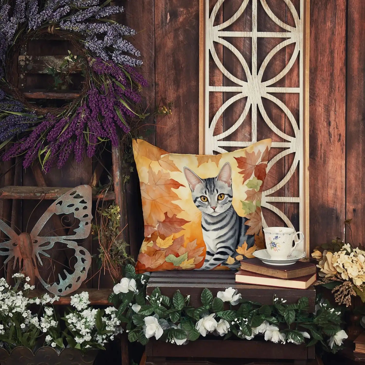 American Shorthair Cat in Fall Leaves