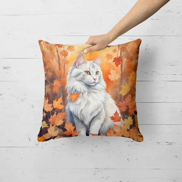 Turkish Angora Cat Fall Leaves Throw Pillow