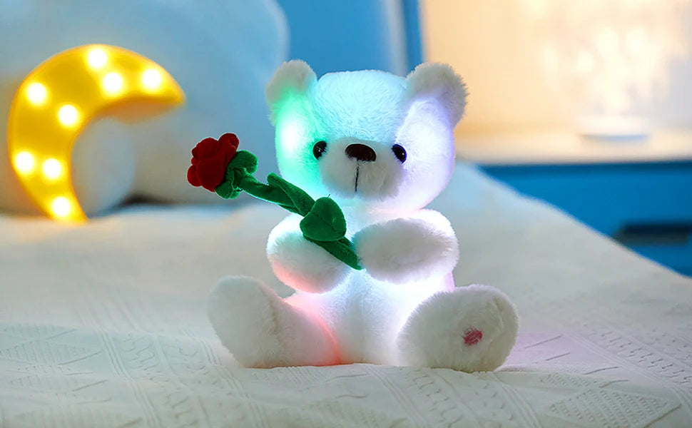 LED Glow White Teddy Bear with Rose