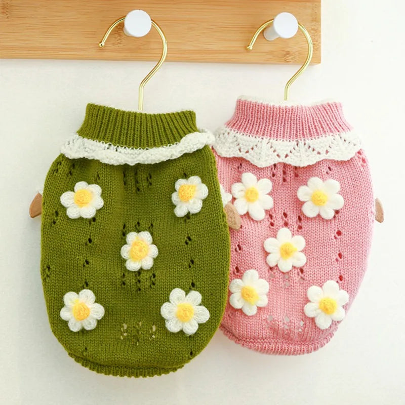 Cute Warm Dog Sweater with Knitted Blossoming Flowers